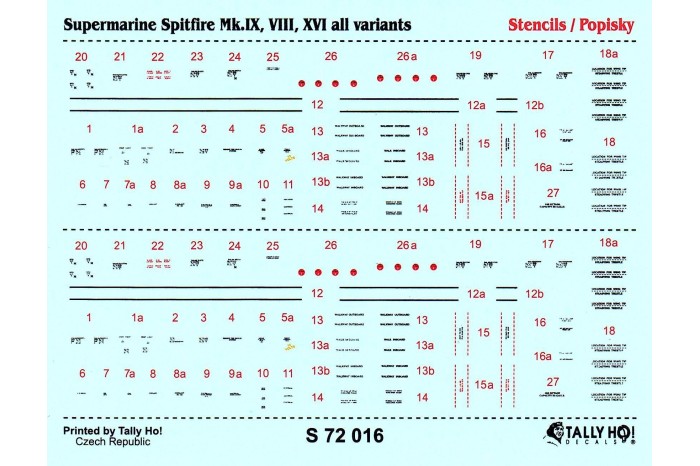 Stencils - Spitfire Mk.IX, VII, XVI (1:72) - S72016