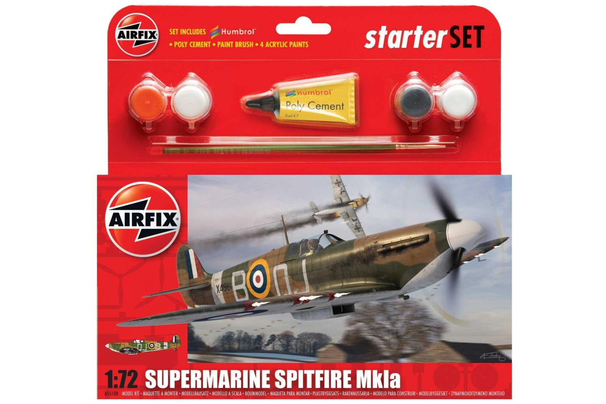 Paints & Brush 1:72 Model A55100 Airfix Supermarine Spitfire MkIa Set W/ Glue 